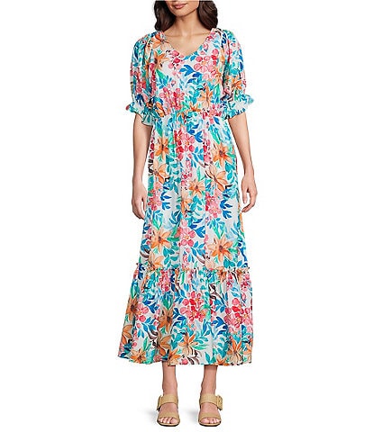 Calessa Italian Floral Print V-Neck Long Sleeve Tiered Pull-On Shift Midi Dress