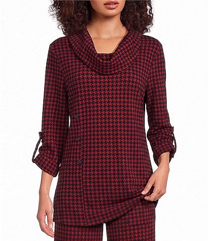 Calessa Jacquard Knit Check Cowl Neck Long Roll-Tab Sleeve Top