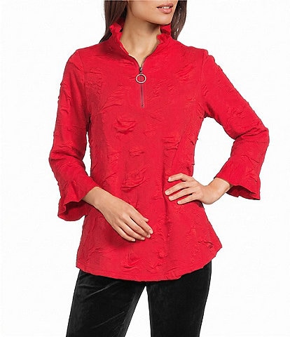 Calessa Jacquard Knit Ruffle Mock Neck 3/4 Sleeve Front Partial Zip Tunic