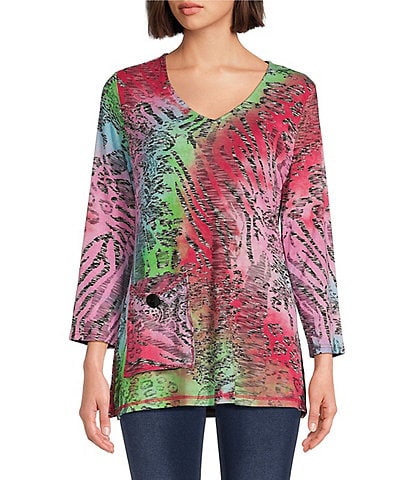 Calessa Jacquard Tie Dyed Knit V-Neck 3/4 Bell Sleeve Tunic