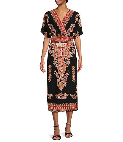 Calessa Jersey Knit Border Print Surplice V-Neck Short Sleeve Smocked Waist Midi Dress