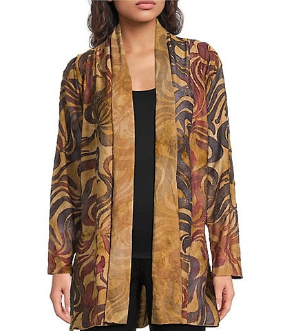 Calessa Knit Burnout Tie-Dye Camel Multi Print Wrist Sleeve Open-Front Cardigan