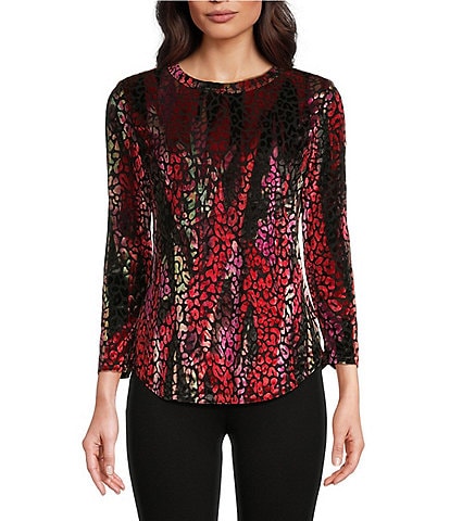 Calessa Knit Burnout Velvet Abstract Wave Print Crew Neck 3/4 Sleeve Tunic