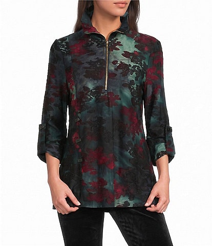 Calessa Knit Burnout Zip Funnel Neck 3/4 Roll-Tab Sleeve Tunic