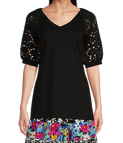 Calessa Knit Eyelet Embroidered V-Neck Elbow Sleeve Pullover Top