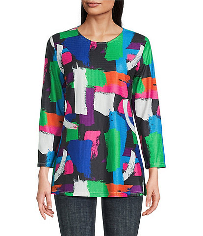 Calessa Knit Geometric Multi Print Scoop Neck 3/4 Sleeve Tunic