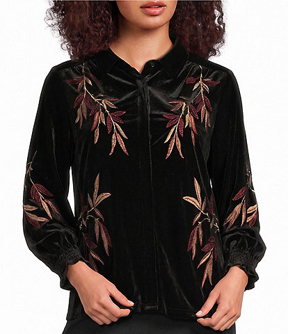 Calessa Knit Leaf Point Collar 3/4 Sleeve Button Front Shirt
