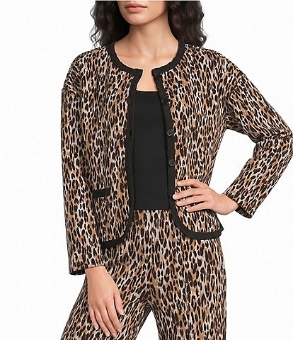Calessa Knit Leopard Print Round Neck Long Sleeve Button Front Coordinating Jacket