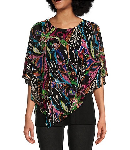 Calessa Knit Mesh Abstract Print Crew Neck Short Sleeve Asymmetrical Hem Double Layered Poncho Top
