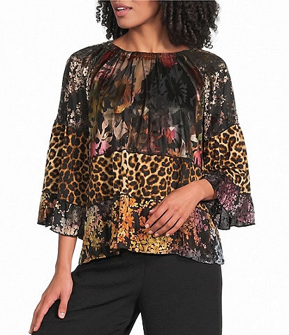 Calessa Knit Mixed Print Elastic Boat Neck 3/4 Sleeve Top