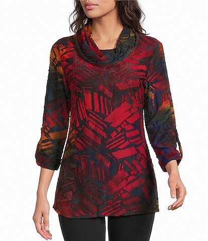 Calessa Knit Multi Color Cowl Neck Elbow Length Roll-Tab Tunic