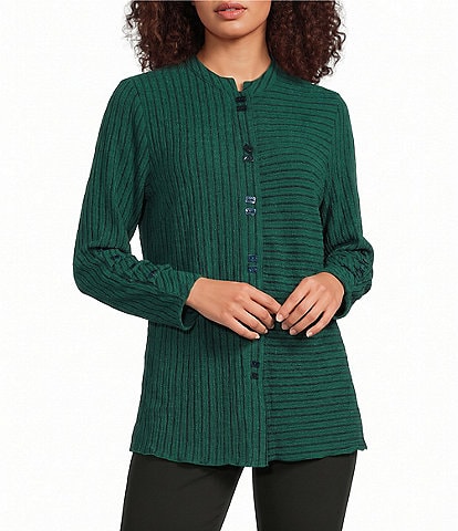 Calessa Knit Stripe Band Collar 3/4 Sleeve Button Detail Pullover Tunic
