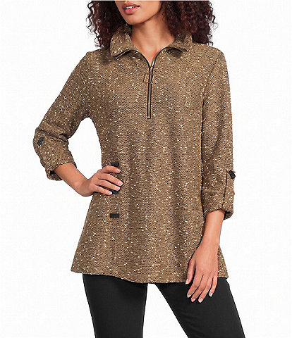 Calessa Knit Texture Zip Mock Neck 3/4 Roll-Tab Sleeve Tunic