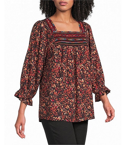 Calessa Leaf Print Embroidered Square Neck Elbow Sleeve Coordinating Tunic