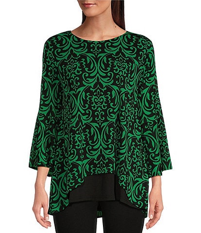 Calessa Mesh Hilo Knit Abstract Foulard Double Layered Hem Scoop Neck Tunic