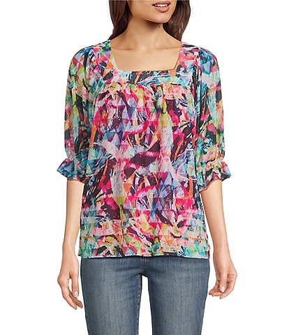 Calessa Mesh Knit Abstract Floral Square Neck Elbow Sleeve Tunic