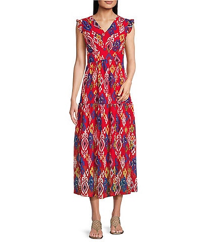 Calessa Mesh Knit Abstract Ikat Print V-Neck Cap Sleeve Midi Dress