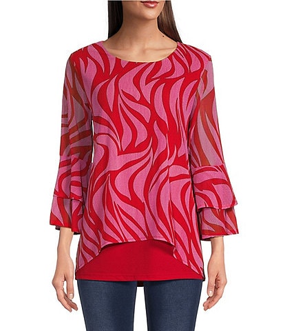 Calessa Mesh Knit Abstract Print Scoop Neck Long Sleeve Blouse