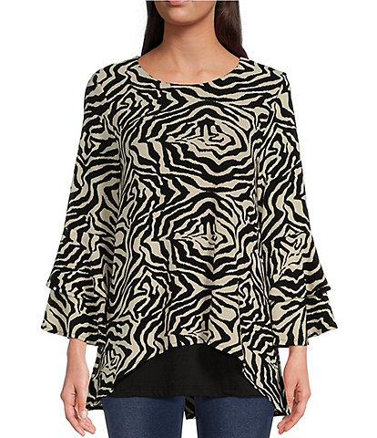 Calessa Mesh Knit Animal Swirl Print Scoop Neck Long Sleeve Double Layer High-Low Blouse