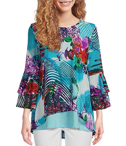 Calessa Mesh Knit Print Scoop Neck High-Low Hem Double Layer Tunic