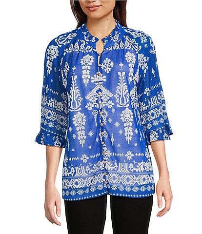 Calessa Mesh Knit Split V-Neck 3/4 Sleeve Border Henna Print Tunic