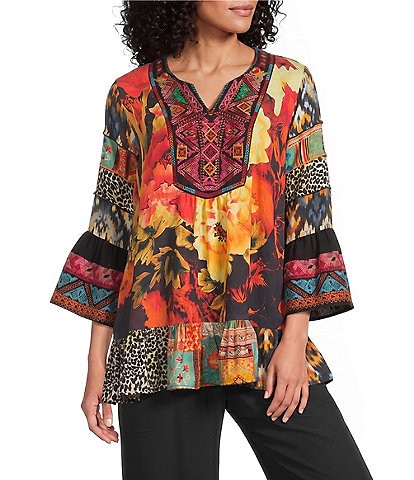 Calessa Mixed Floral Print Embroidered Split V-Neck 3/4 Bell Sleeve Tunic