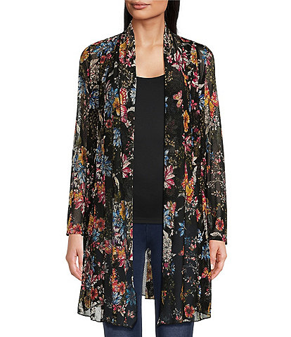 Calessa Modern Abstract Print Mesh Knit Open Front 3/4 Sleeve Cardigan