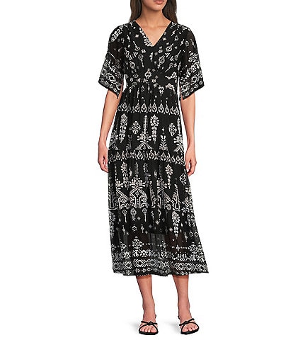 Calessa Modern Mosaic V-Neck Short Sleeve Tiered A-line Midi Dress