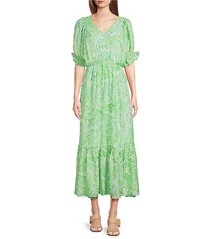 Calessa Paisley Print V-Neck Elbow Sleeve Tiered Midi Dress