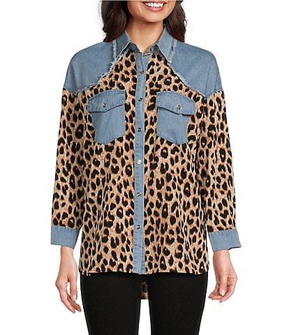 Calessa Denim Trimmed Cheetah Printed Collared Neckline 3/4 Sleeve Top