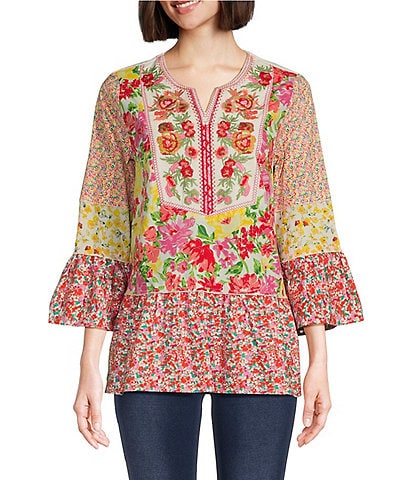 Calessa Patchwork Embroidery Split-V Neck Pullover Blouse