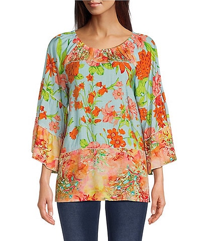 Calessa Patchwork Floral Print Scoop Neck 3/4 Sleeve Tunic