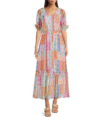 Calessa Patchwork Mosaic Print V-Neck Wrist Length Sleeve Tiered Dress