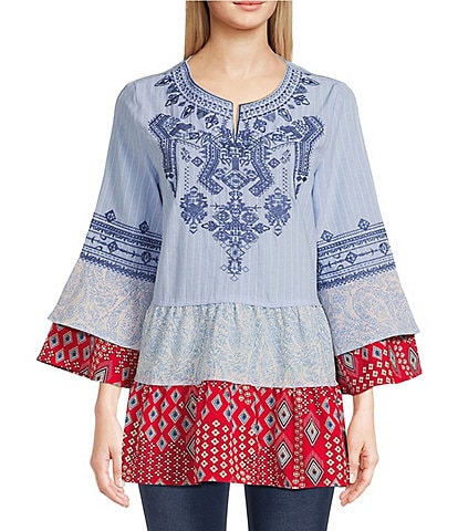 Calessa Patchwork Print Embroidered Split Round Neck 3/4 Tiered Ruffle Sleeve Tunic