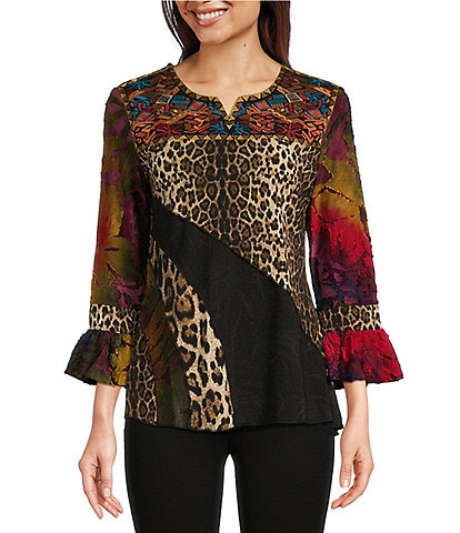 Calessa Patchwork Stretch Split V-Neck 3/4 Ruffled Sleeve Top