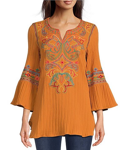 Calessa Petite Size Embroidered Texture Split Jewel Neck 3/4 Bell Sleeve Tunic