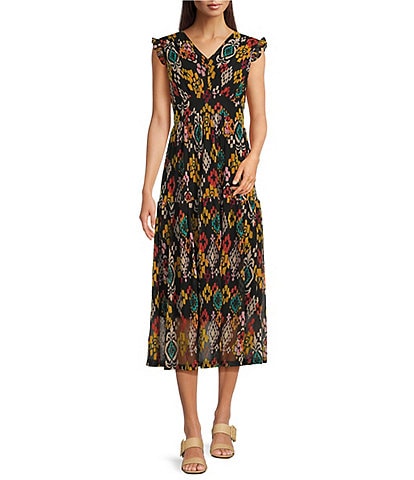 Calessa Petite Size Abstract Ikat Print Plunge V-Neck Cap Flutter Sleeve Smocked Tiered Dress