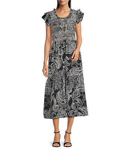 Calessa Petite Size Abstract Paisley Scoop Neck Ruffle Cap Sleeve Midi Dress