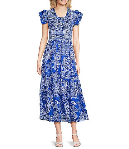 Calessa Petite Size Abstract Paisley Scoop Neck Short Sleeve Tiered Smocked Ruffle Midi Dress