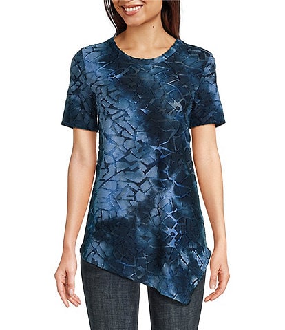 Calessa Petite Size Burnout Knit Round Neck Short Sleeve Asymmetric Hem Tunic