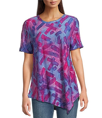 Calessa Petite Size Burnout Knit Tie-Dye Round Neck Short Sleeve Asymmetric Hem Tunic