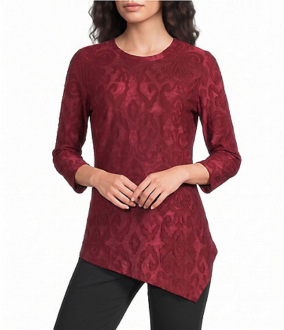 Calessa Petite Size Burnout Print Scoop Neck 3/4 Sleeve Asymmetric Hem Top