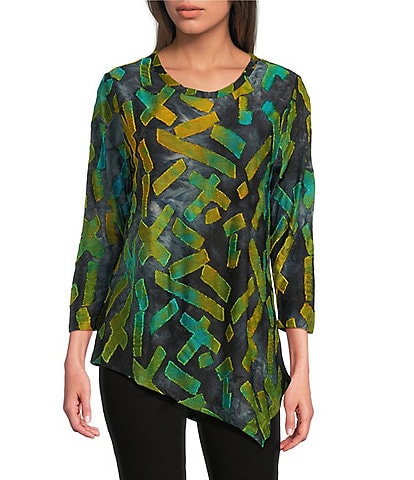 Calessa Petite Size Burnout Tie-Dye Crew Neck Long Sleeve Asymmetric Tunic