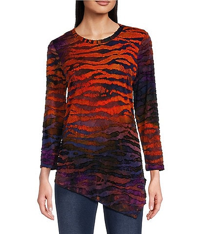 Calessa Petite Size Burnout Tie Dye Print Crew Neck Long Sleeve Asymmetric Top