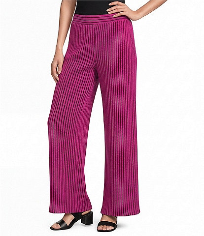 Calessa Petite Size Coordinating Textured Knit Stripe Straight Leg Pull-On Pants