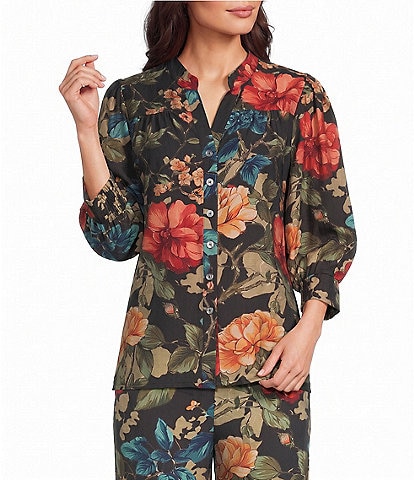 Calessa Petite Size Coordinating Woven Floral V-Neck 3/4 Sleeve Button Front Blouse