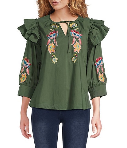 Calessa Petite Size Embroidered Floral Patchwork Split V-Neck Ties 3/4 Sleeve Tunic