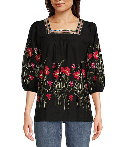 Calessa Petite Size Embroidered Floral Square Neck Bracelet Length Sleeve Tunic
