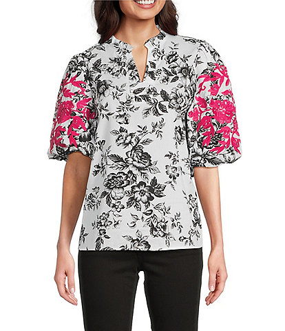 Calessa Petite Size Embroidered Forest Floral Split V-Neck Short Balloon Sleeve Tunic