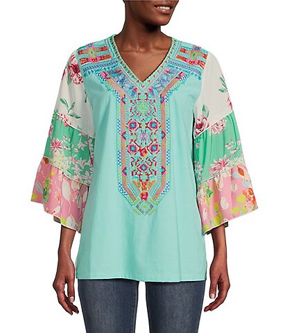 Calessa Petite Size Embroidered Front V-Neck 3/4 Patchwork Flare Sleeve Tunic